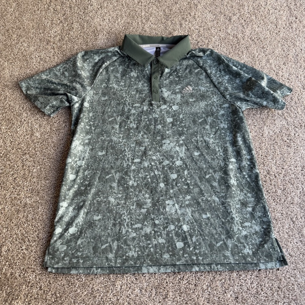 Adidas Golf Polo Shirt Mens L Green Floral Jersey Short Sleeve Golf Top